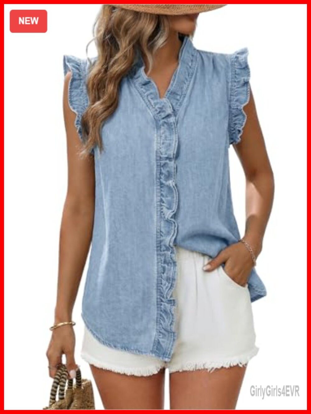 Sleeveless Button Up Peplum Denim Vest V Neck Ruffle Detail Slim Fit Women